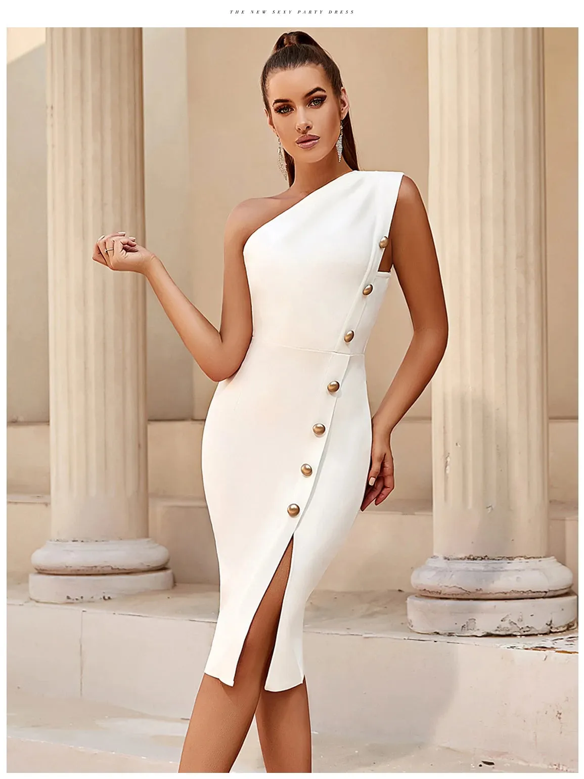 Adyce Bandage One Shoulder Button Sleeveless Club Dress