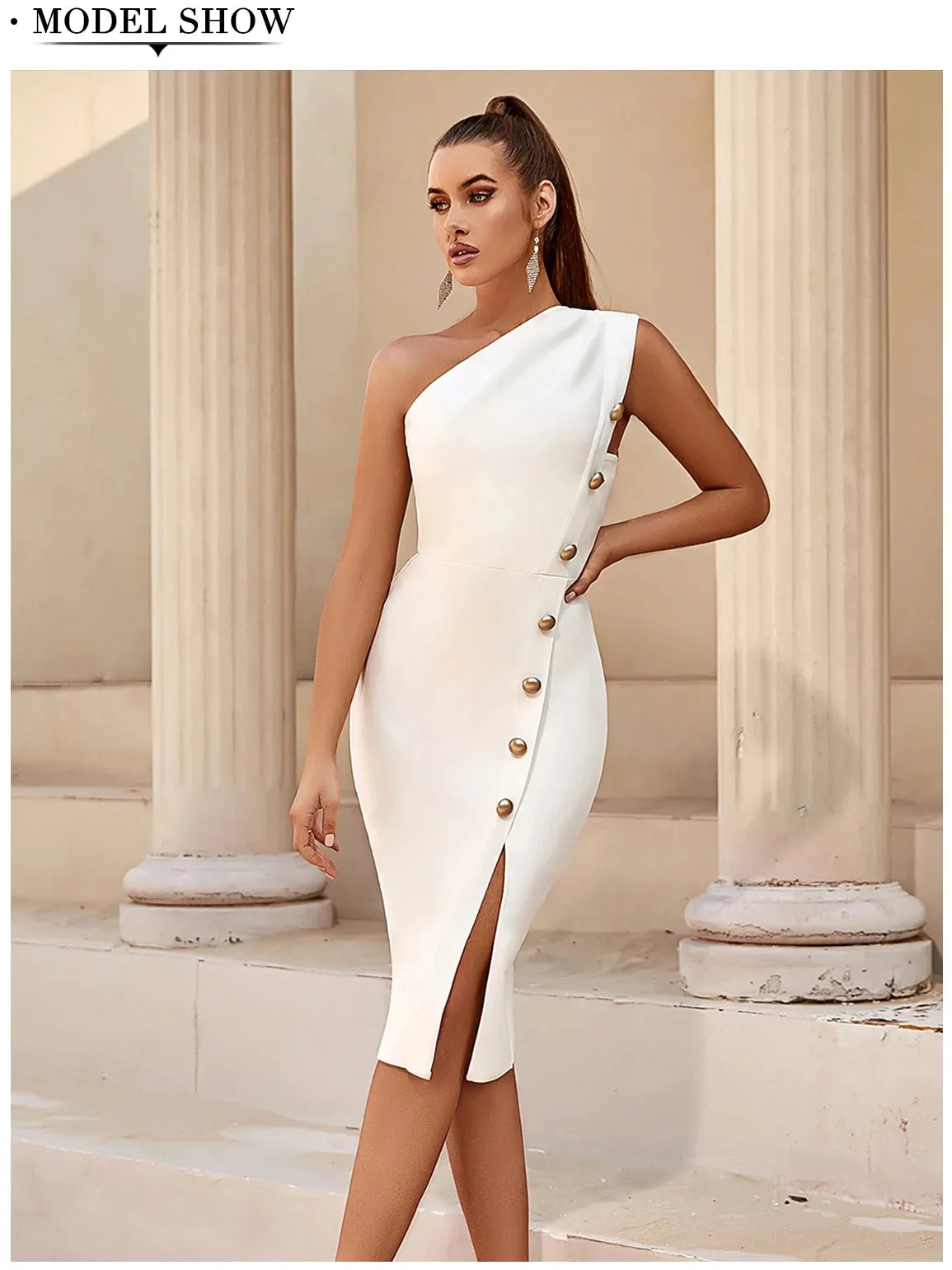 Adyce Bandage One Shoulder Button Sleeveless Club Dress