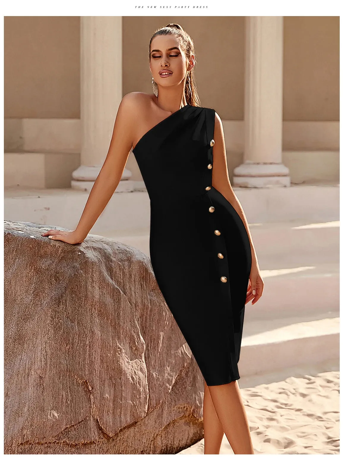 Adyce Bandage One Shoulder Button Sleeveless Club Dress