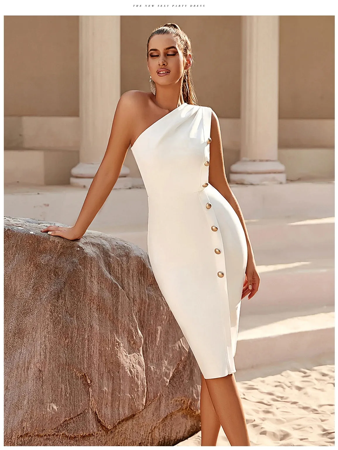 Adyce Bandage One Shoulder Button Sleeveless Club Dress