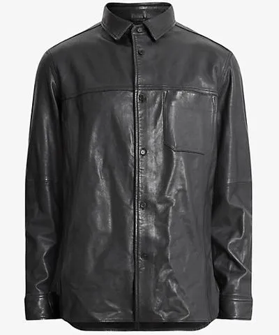 Allsaints Mens Black Compass relaxed-fit long-sleeve leather shirt