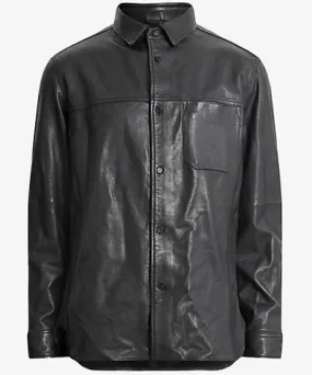 Allsaints Mens Black Compass relaxed-fit long-sleeve leather shirt