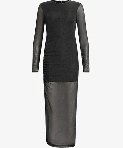 Allsaints Womens Black Shimmer Nora ruched sparkle knitted midi dress