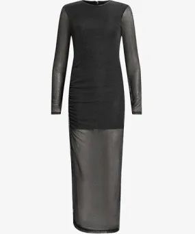 Allsaints Womens Black Shimmer Nora ruched sparkle knitted midi dress