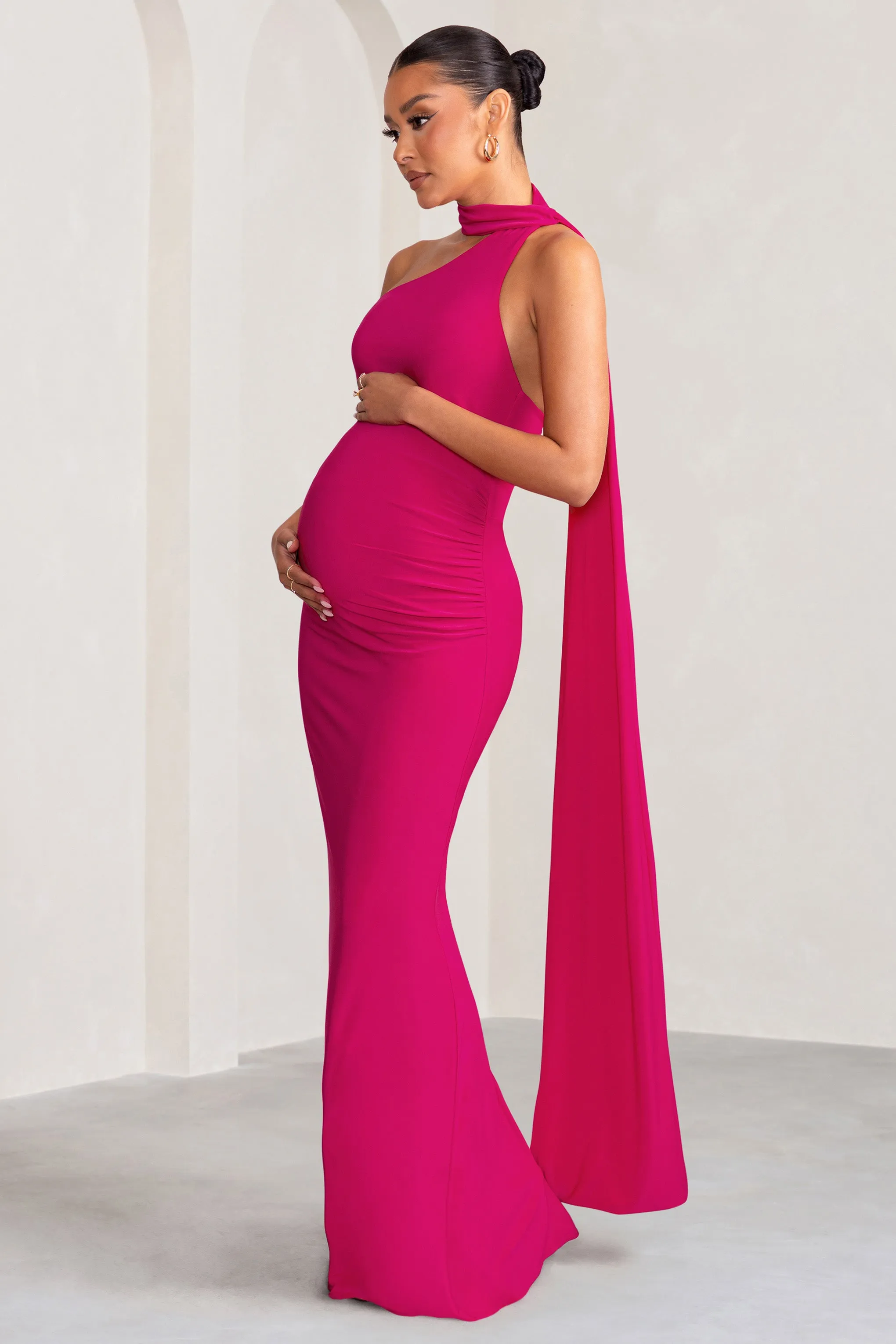 Alula | Hot Pink Maternity Asymmetric Maxi Dress with Cape Detailing