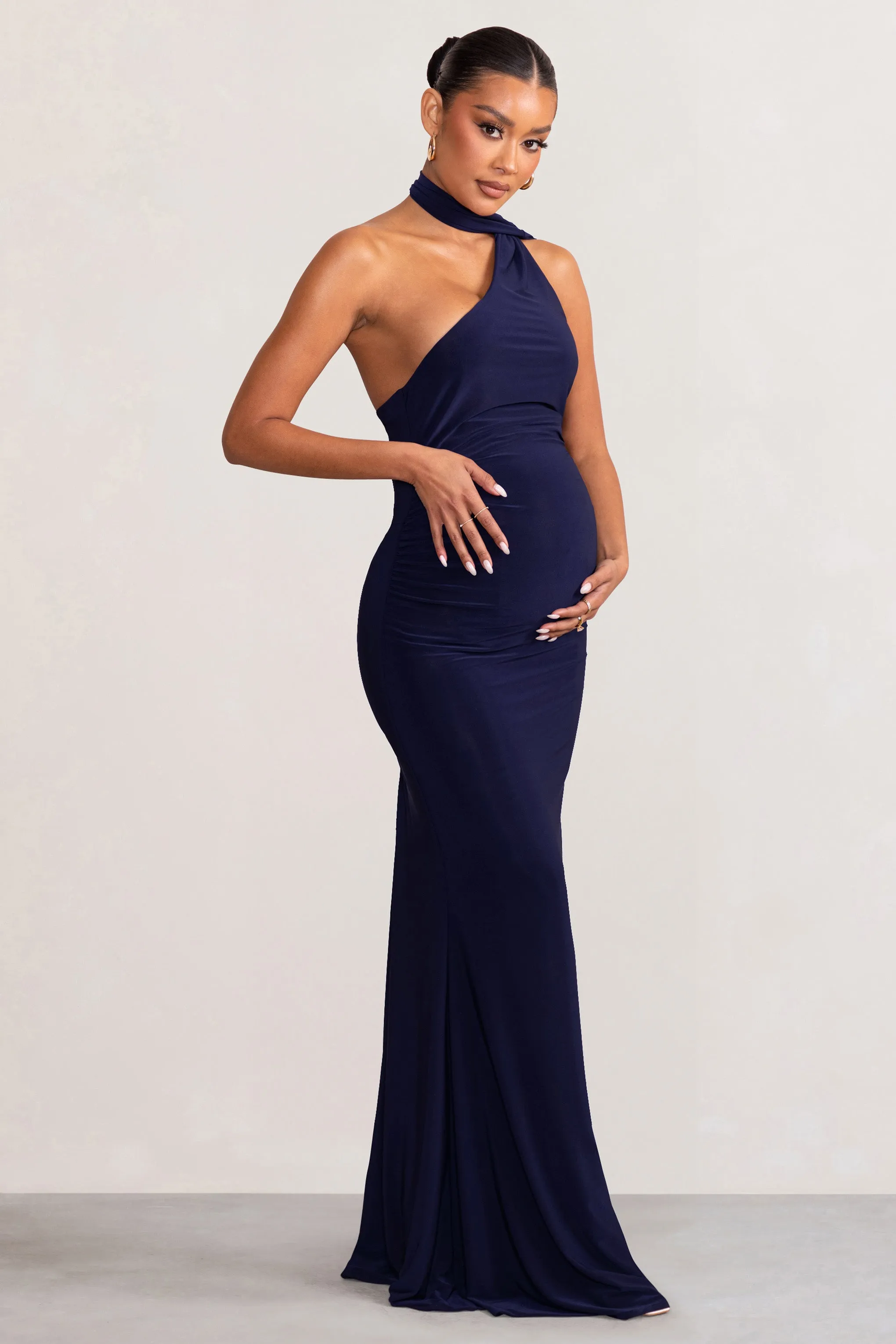 Alula | Navy Maternity Asymmetric Maxi Dress with Cape Detailing