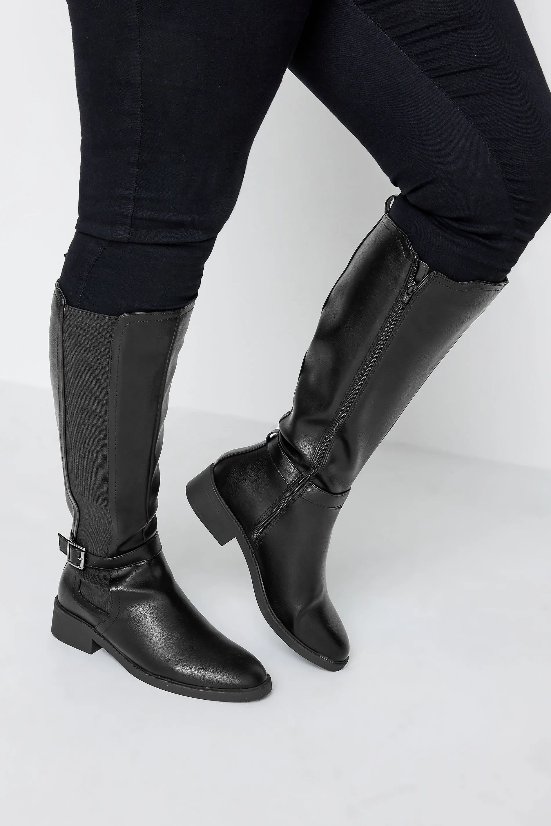 Black Faux Leather Buckle Knee High Boots In Wide E Fit & Extra Wide EEE Fit