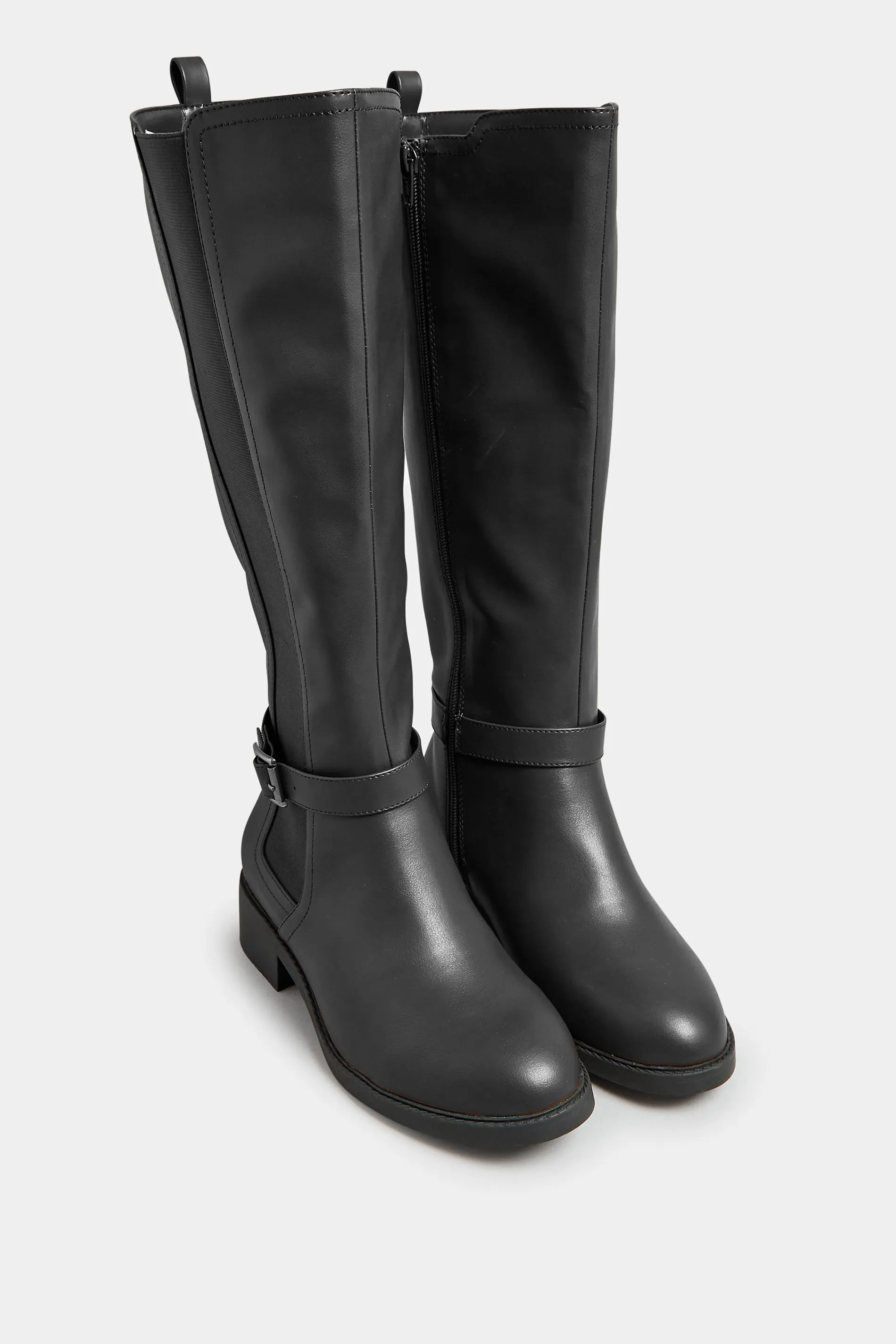 Black Faux Leather Buckle Knee High Boots In Wide E Fit & Extra Wide EEE Fit