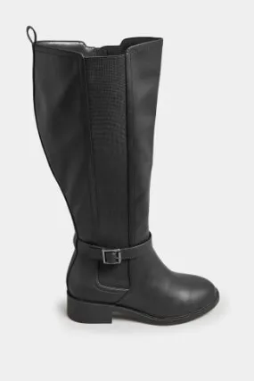 Black Faux Leather Buckle Knee High Boots In Wide E Fit & Extra Wide EEE Fit