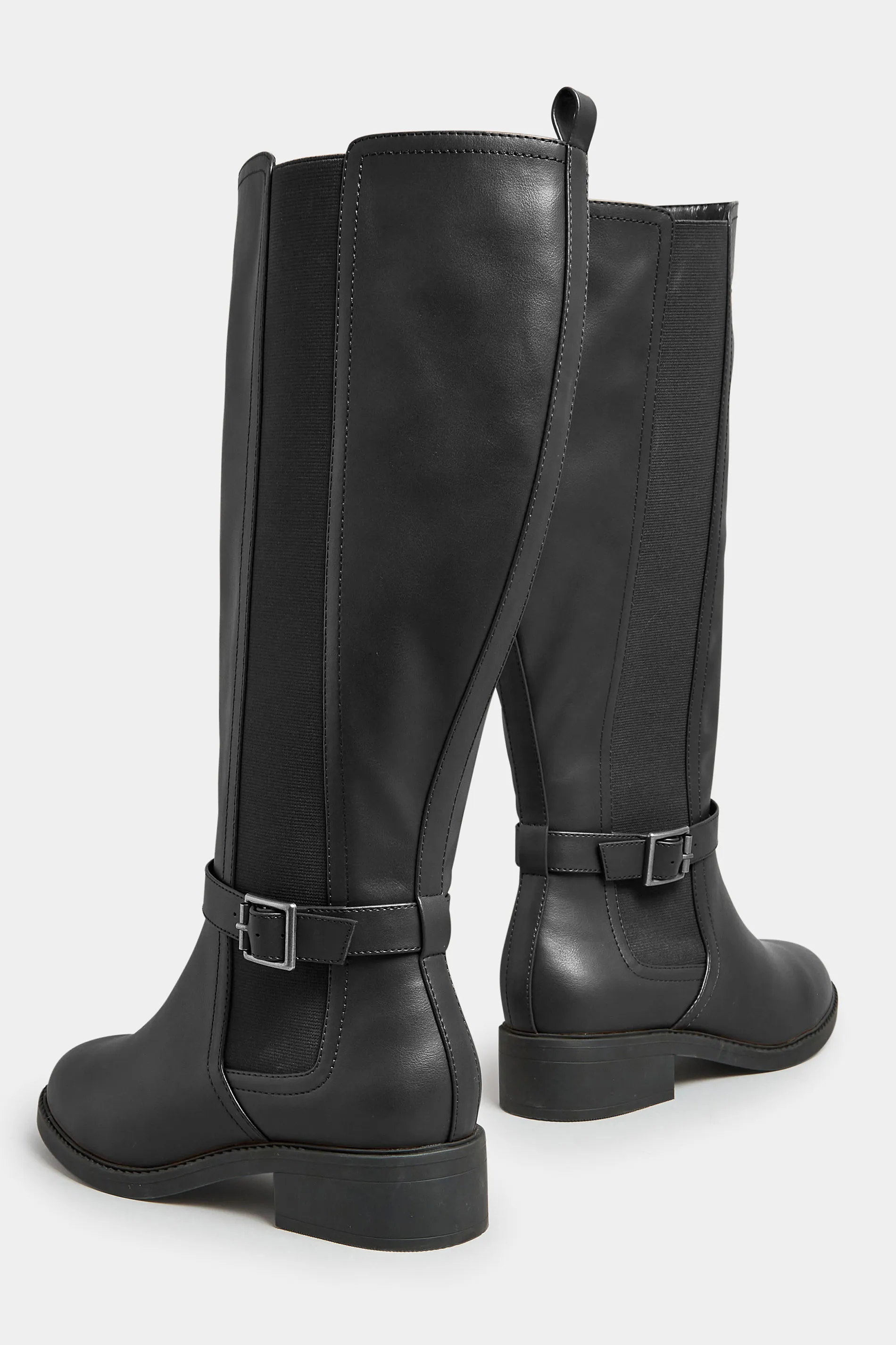 Black Faux Leather Buckle Knee High Boots In Wide E Fit & Extra Wide EEE Fit