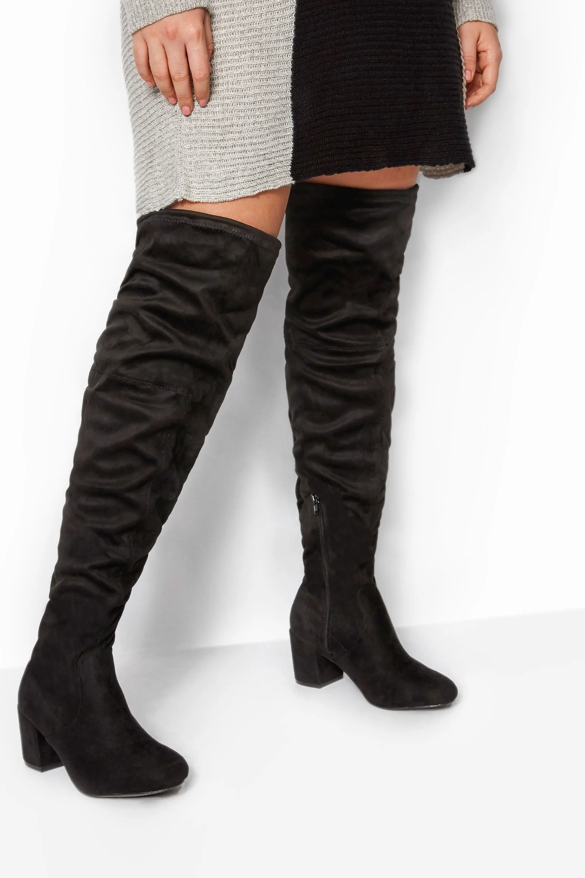 Black Faux Suede Over The Knee Boots In Wide E Fit & Extra Wide EEE Fit