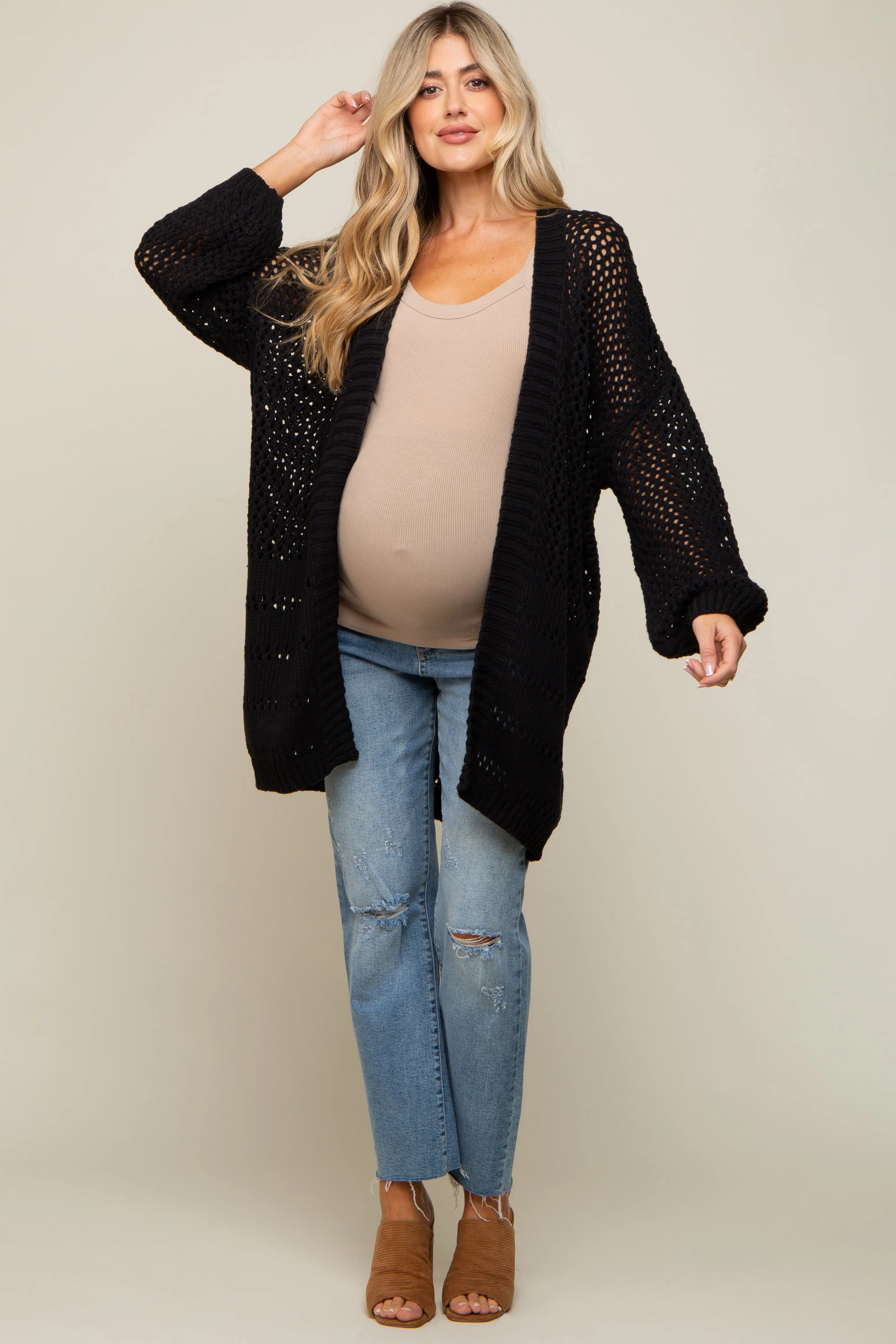 Black Open Knit Oversized Maternity Cardigan