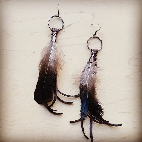 Brown Deerskin Leather Tassel Earring Black Feathe