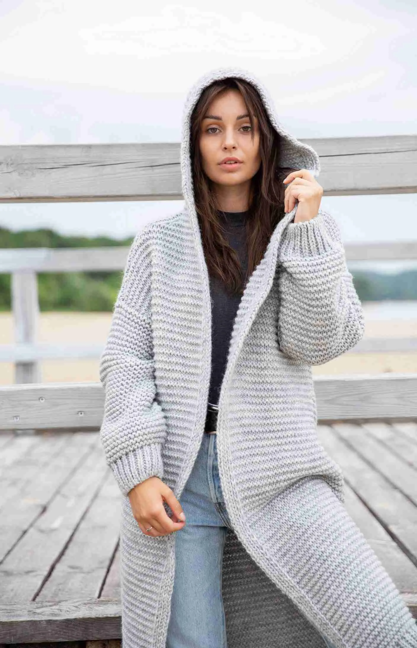 Cardigan maxi à capuche gris clair