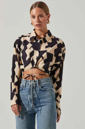 Claude Cropped Geo Print Button Down Tie Waist Top