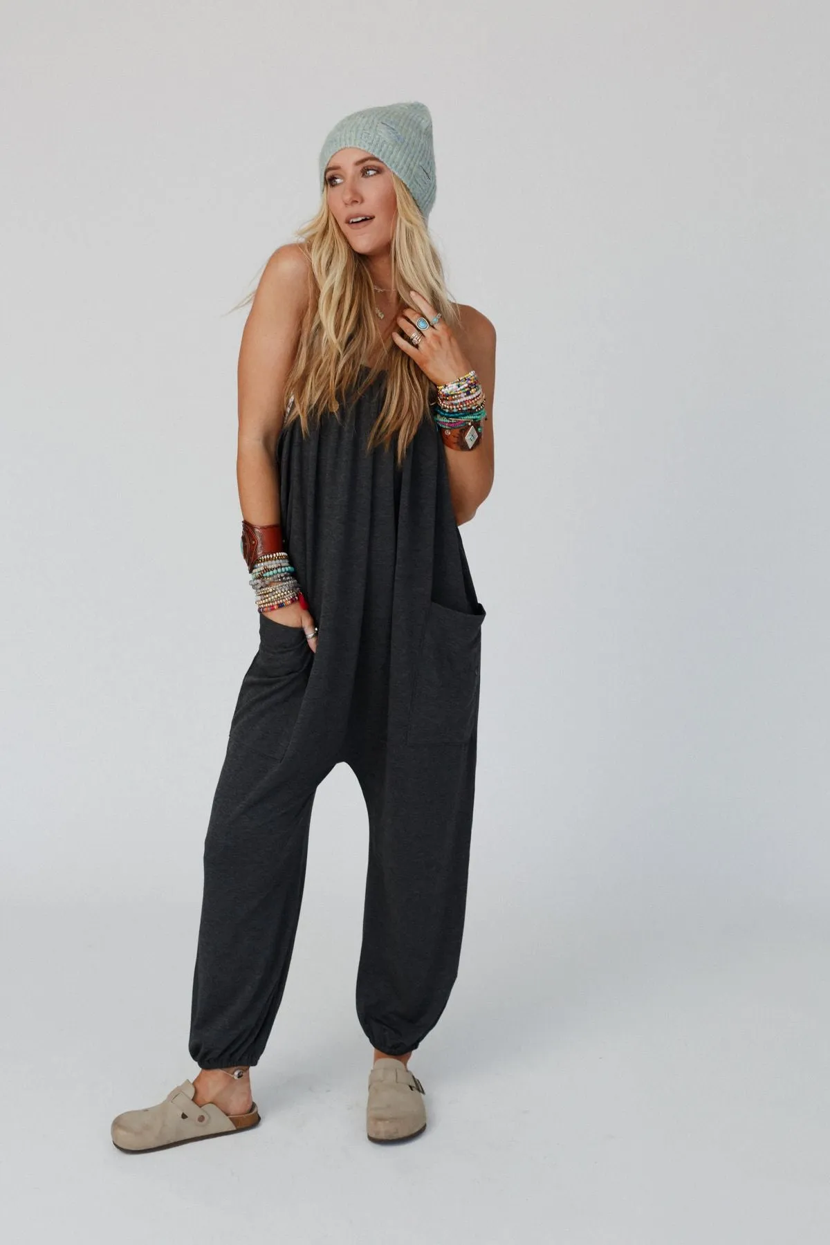 Comfort Zone Pocketed Jumpsuit - Charcoal