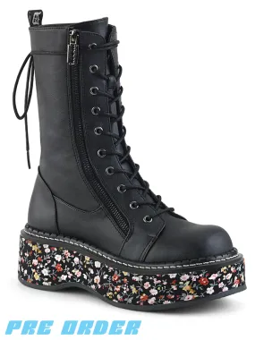 DEMONIA EMILY-350 - BLACK FLORAL VEGAN LEATHER  PRE ORDER 