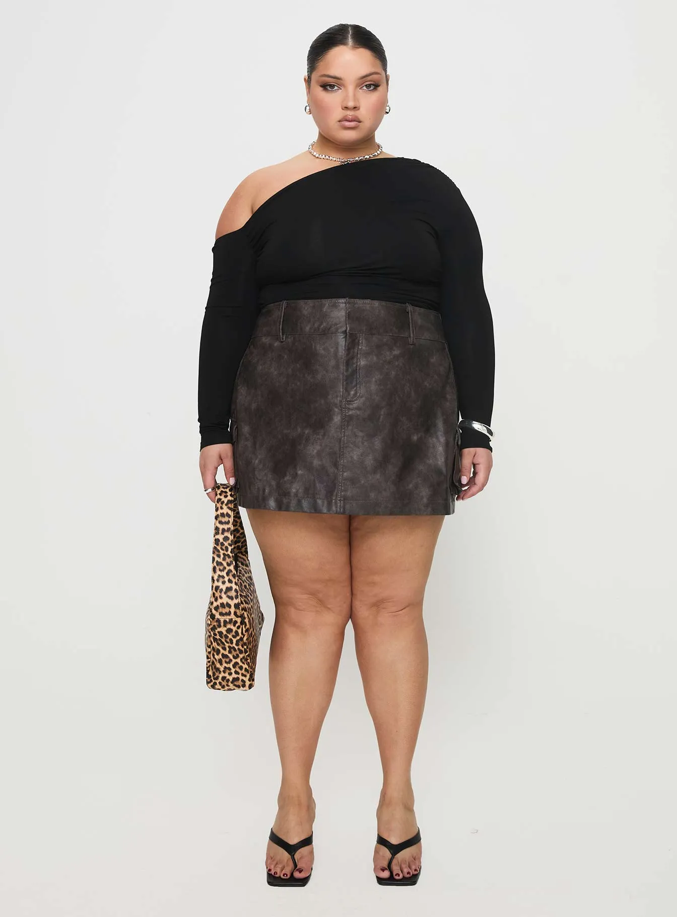 Domenic Faux Leather Mini Skirt Washed Black Curve