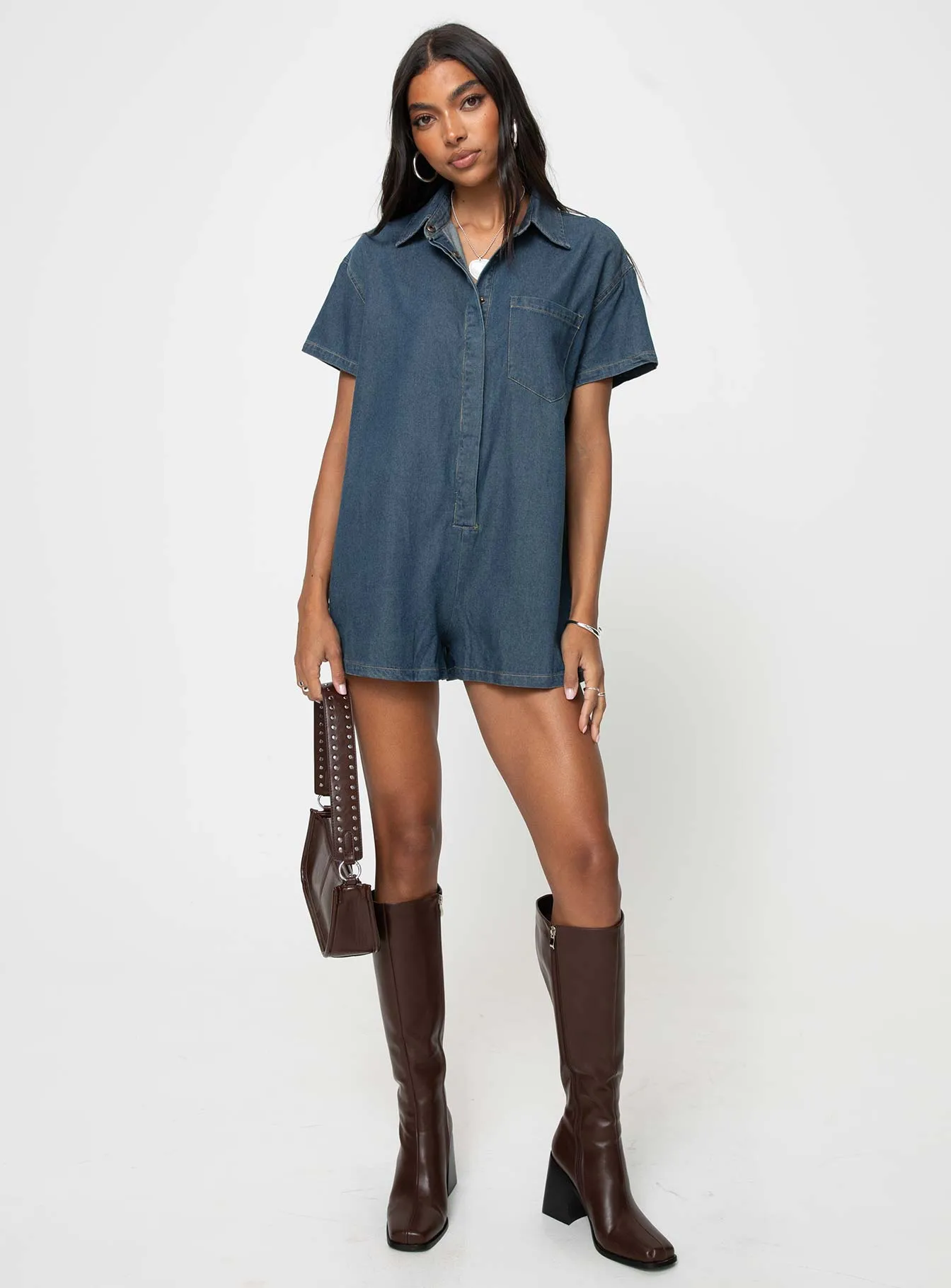 Dottey Denim Romper Dark Wash