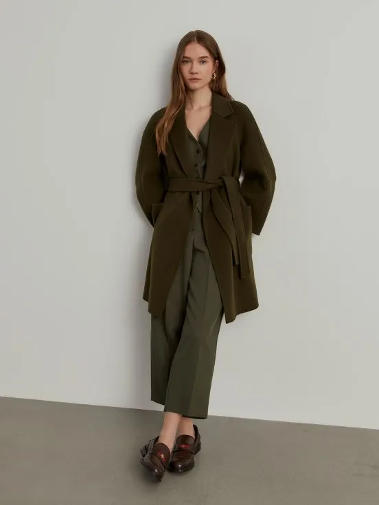 Double-breasted wool overcoat with belt