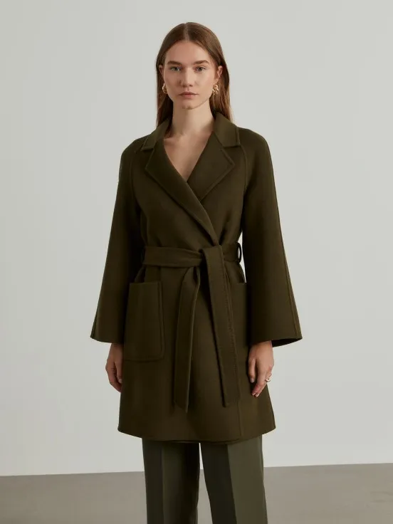 Double-breasted wool overcoat with belt