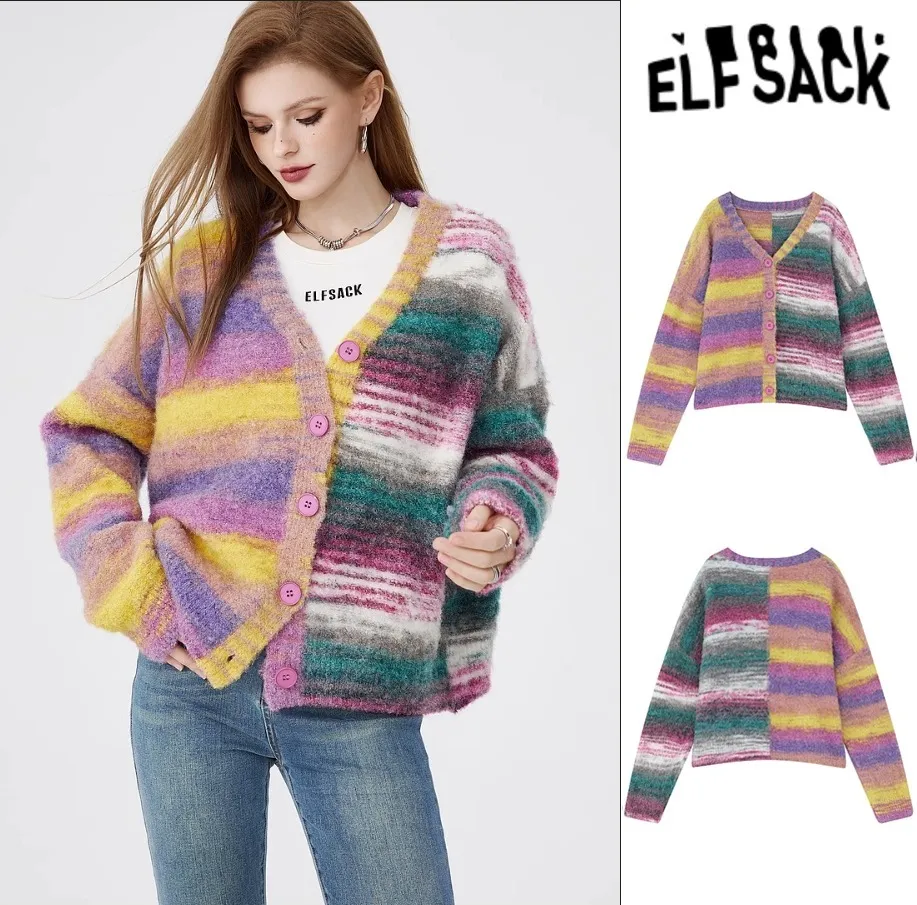 ELF SACK  |Stripes Wool Long Sleeves Cardigans