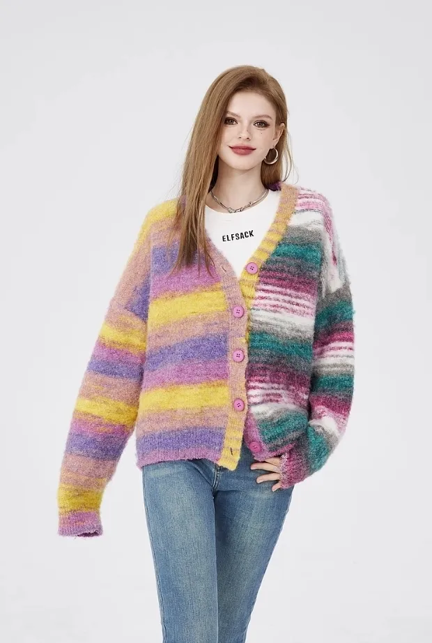 ELF SACK  |Stripes Wool Long Sleeves Cardigans