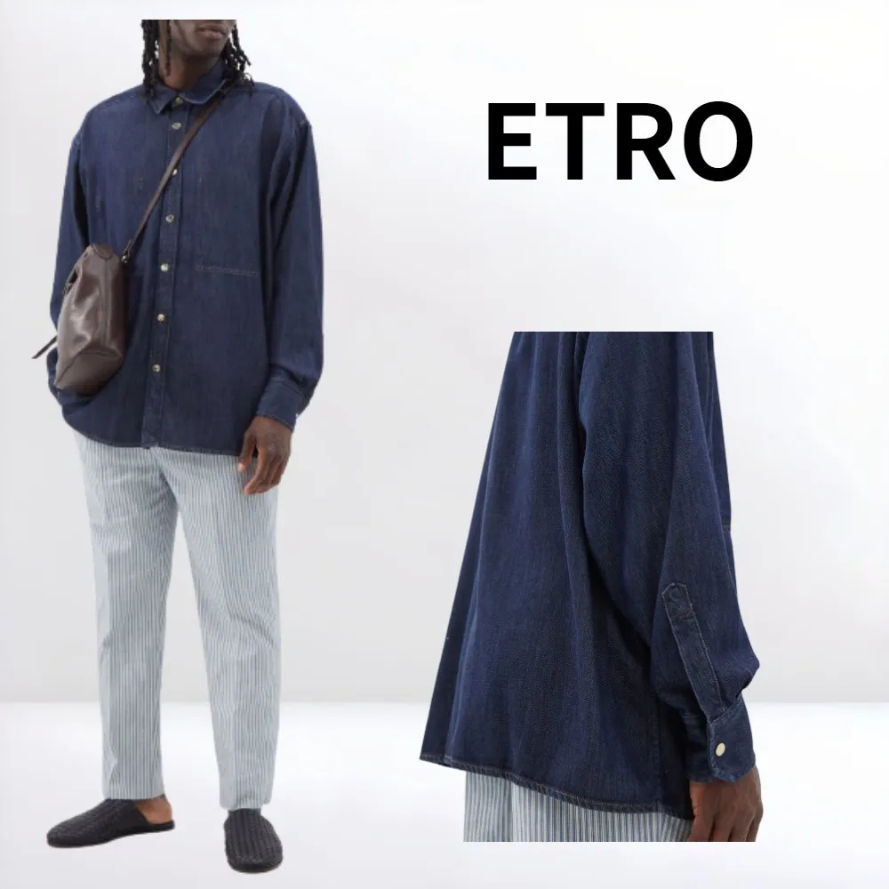 ETRO  |Denim Long Sleeves Plain Cotton Luxury Shirts