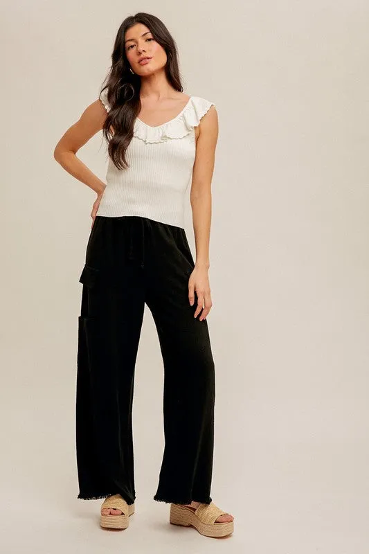 FINAL SALE - Black Cargo Fringe Hem Pants