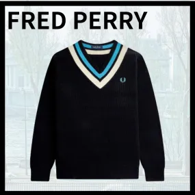 FRED PERRY  |Pullovers Low Gauge V-Neck Long Sleeves Plain Cotton Logo