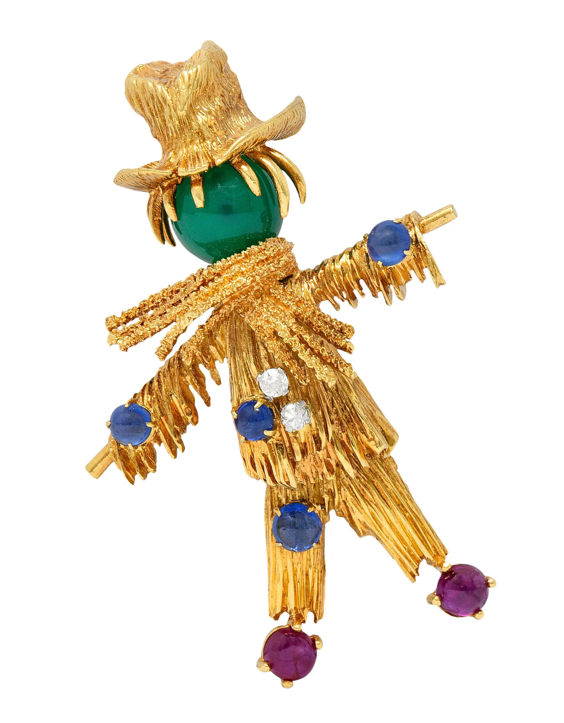 French Van Cleef & Arpels Ruby Sapphire Diamond Chrysoprase 18 Karat Gold Scarecrow Brooch 1965