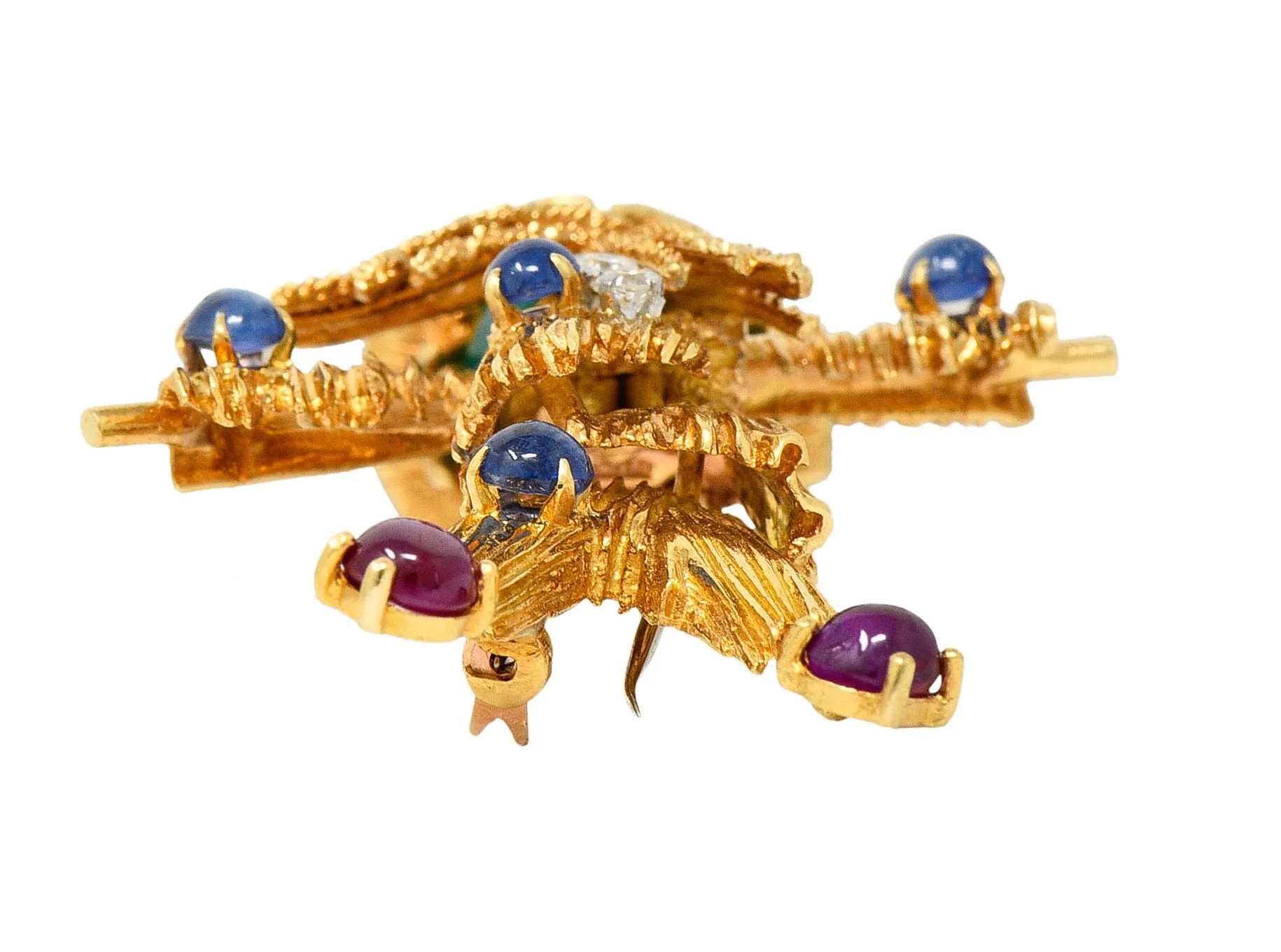 French Van Cleef & Arpels Ruby Sapphire Diamond Chrysoprase 18 Karat Gold Scarecrow Brooch 1965