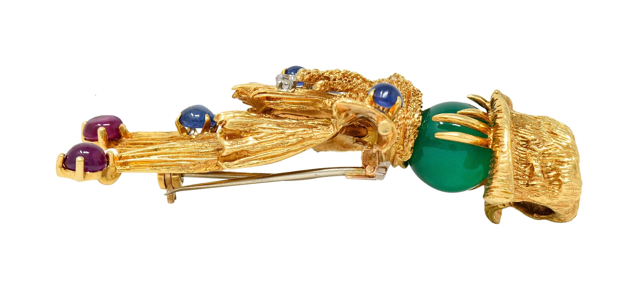 French Van Cleef & Arpels Ruby Sapphire Diamond Chrysoprase 18 Karat Gold Scarecrow Brooch 1965