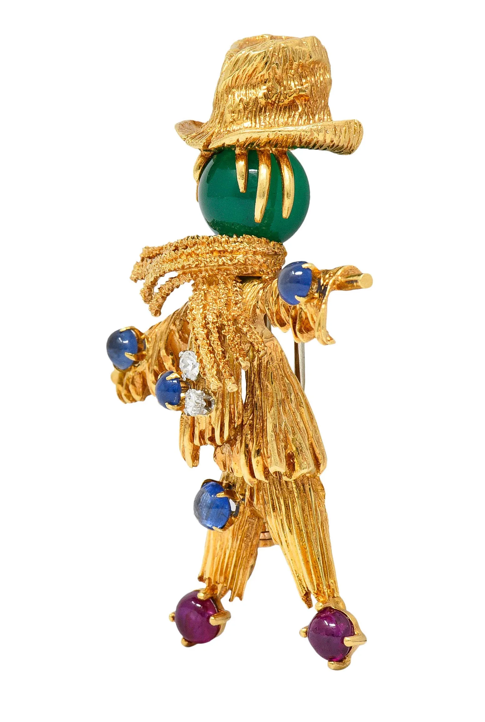 French Van Cleef & Arpels Ruby Sapphire Diamond Chrysoprase 18 Karat Gold Scarecrow Brooch 1965