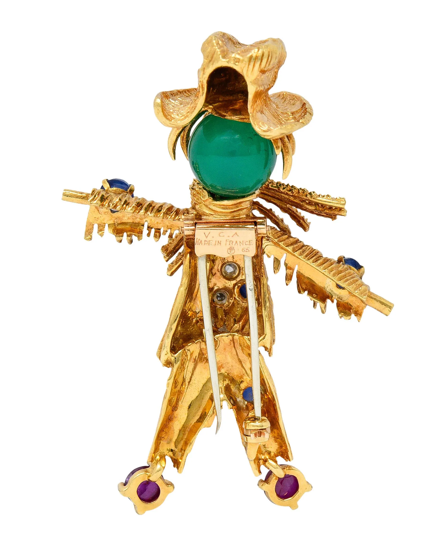 French Van Cleef & Arpels Ruby Sapphire Diamond Chrysoprase 18 Karat Gold Scarecrow Brooch 1965