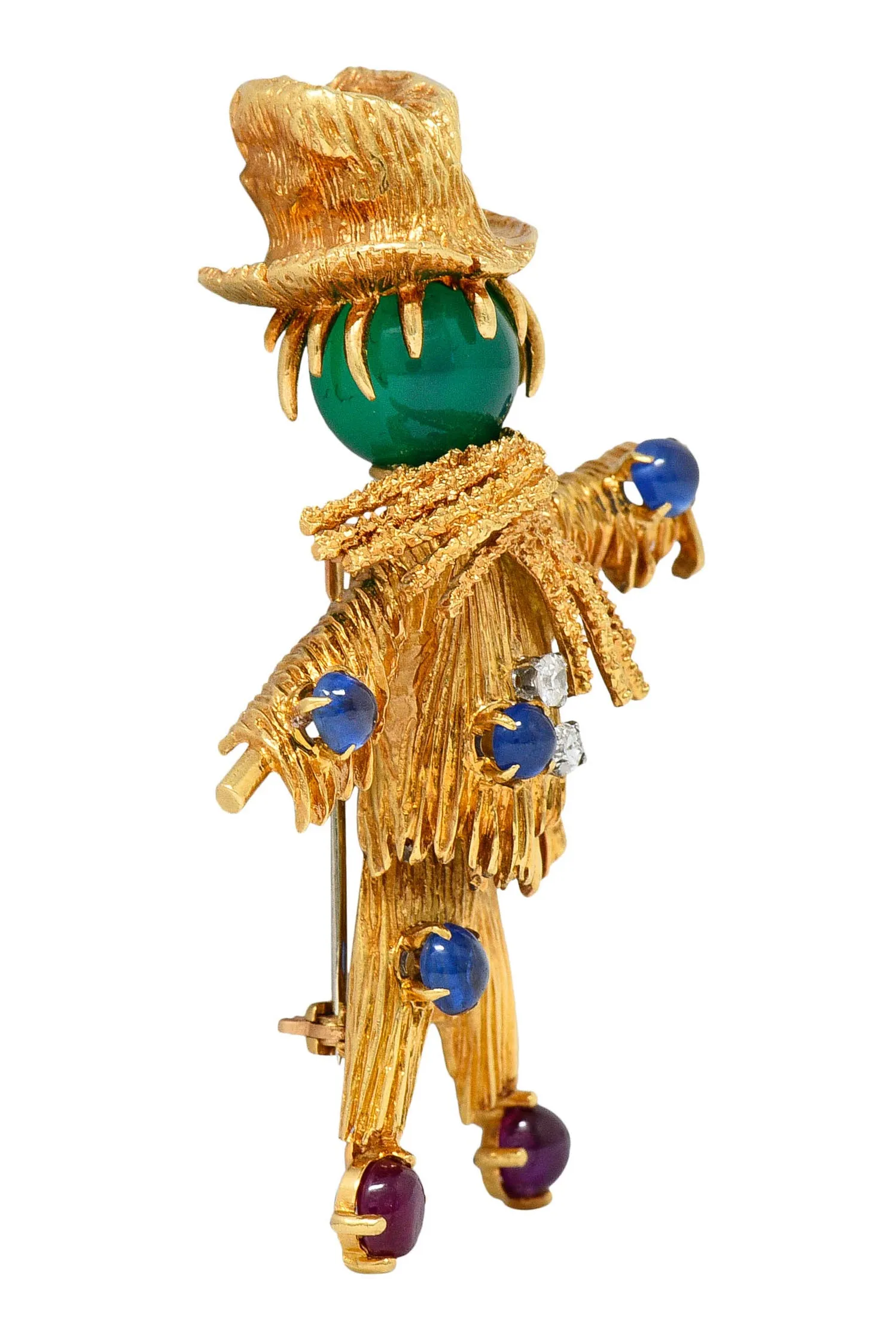 French Van Cleef & Arpels Ruby Sapphire Diamond Chrysoprase 18 Karat Gold Scarecrow Brooch 1965