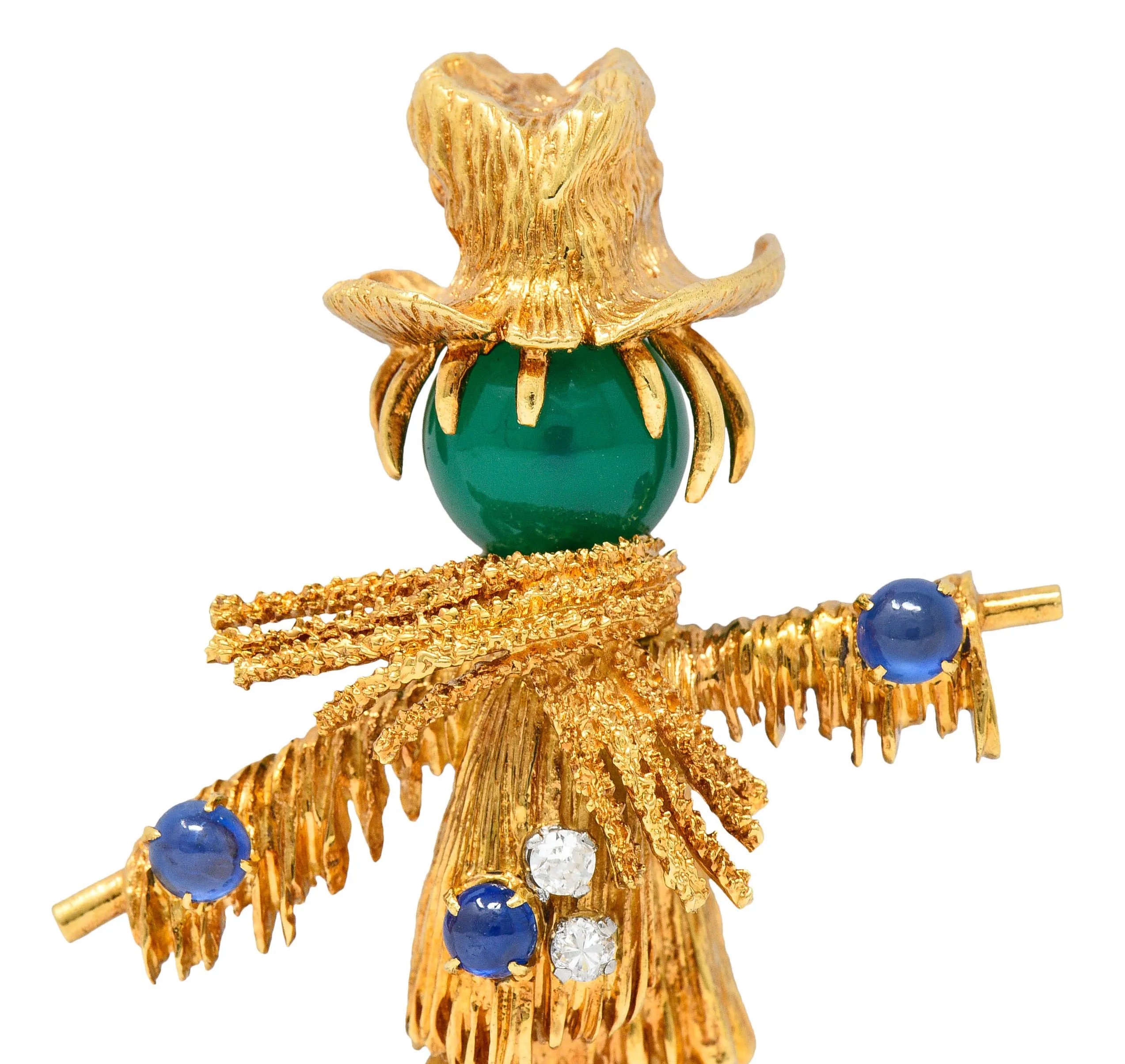 French Van Cleef & Arpels Ruby Sapphire Diamond Chrysoprase 18 Karat Gold Scarecrow Brooch 1965