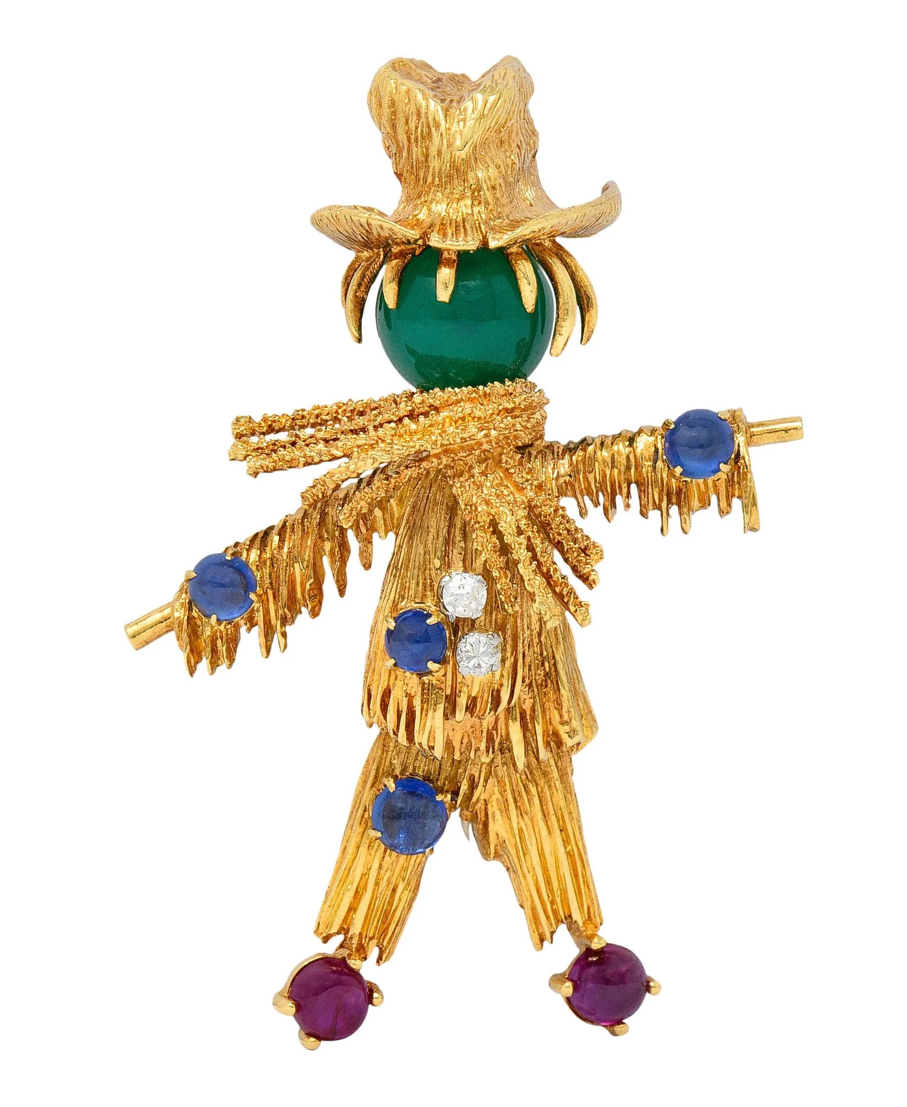 French Van Cleef & Arpels Ruby Sapphire Diamond Chrysoprase 18 Karat Gold Scarecrow Brooch 1965