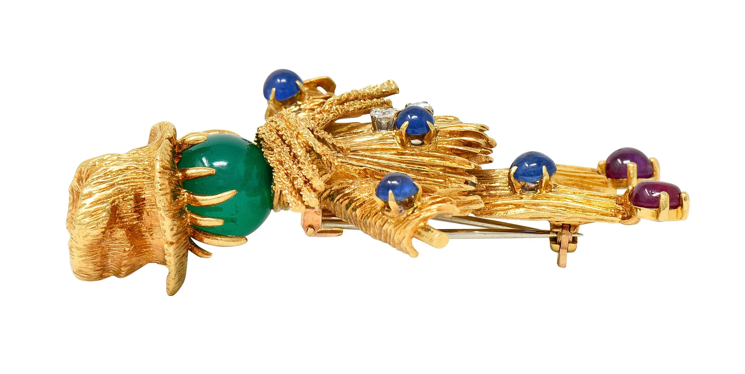 French Van Cleef & Arpels Ruby Sapphire Diamond Chrysoprase 18 Karat Gold Scarecrow Brooch 1965