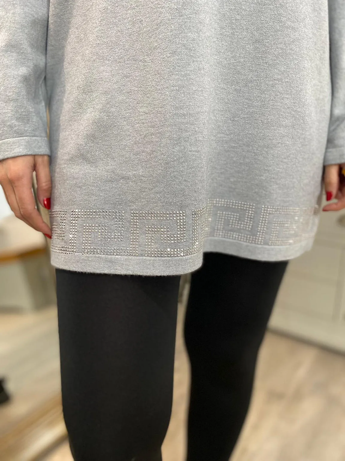 Grey Diamante Greek Key Hem Knit Jenny