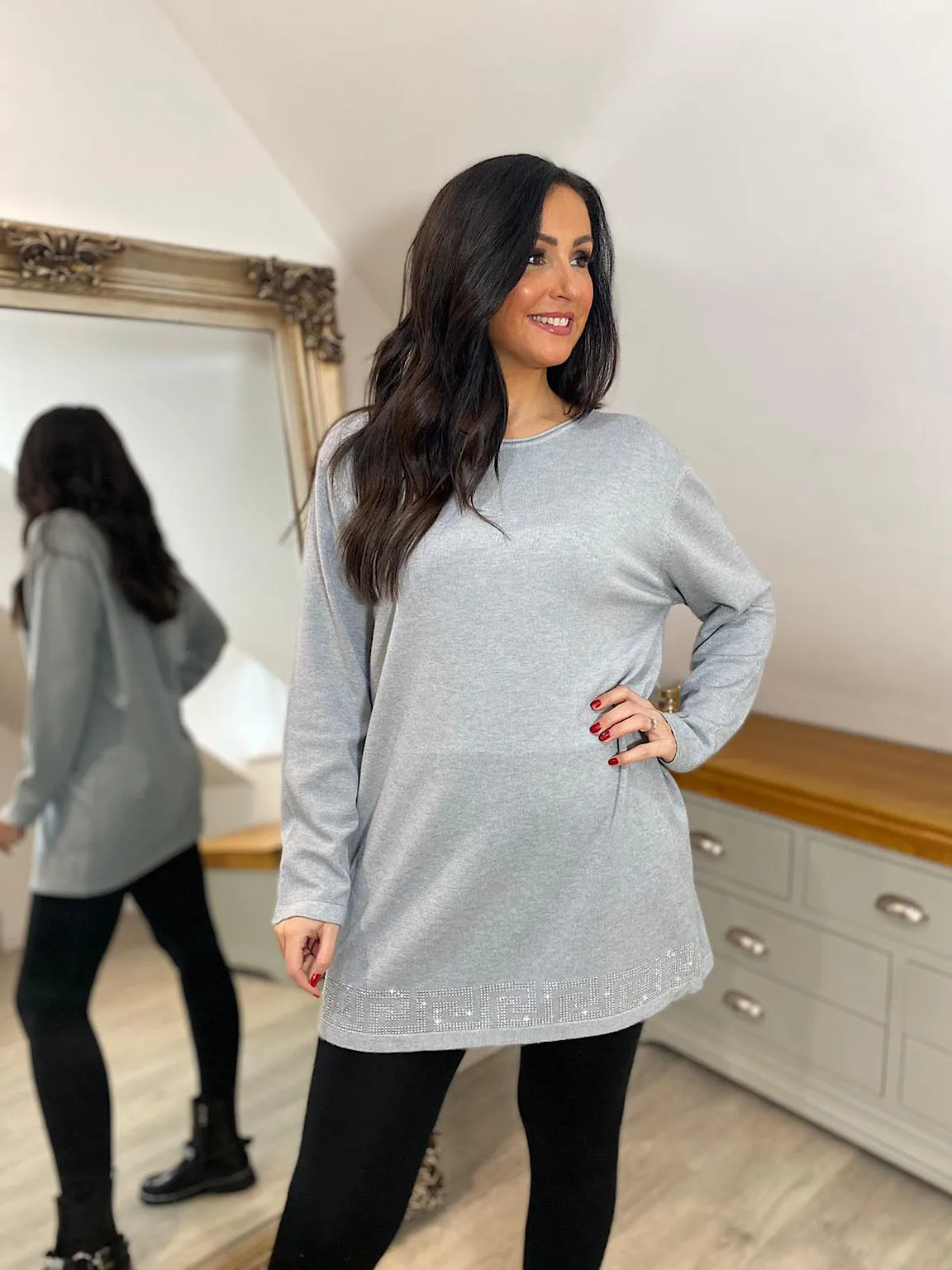 Grey Diamante Greek Key Hem Knit Jenny