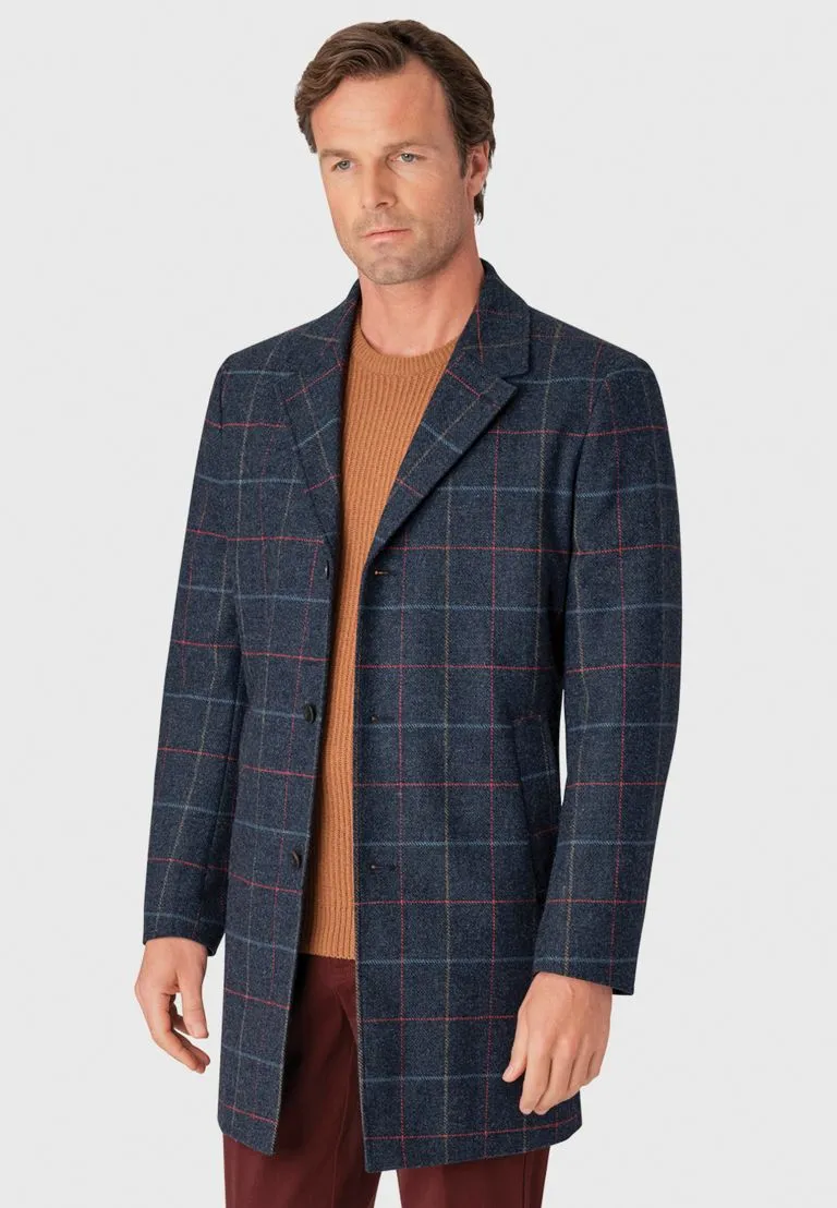 Haincliffe Blue Overcheck Tweed Wool Overcoat