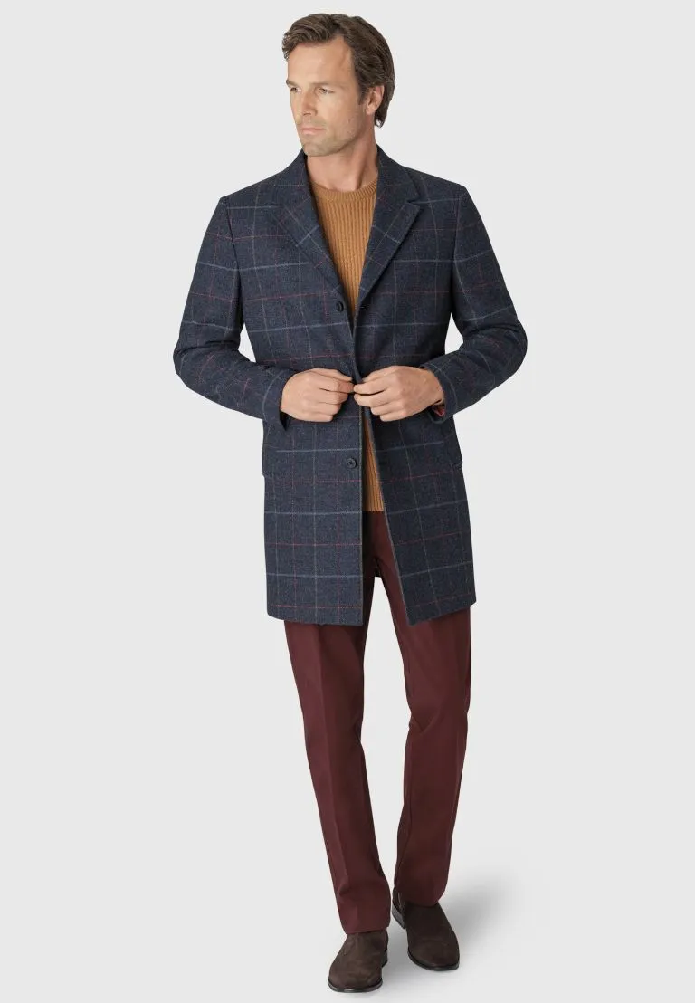 Haincliffe Blue Overcheck Tweed Wool Overcoat