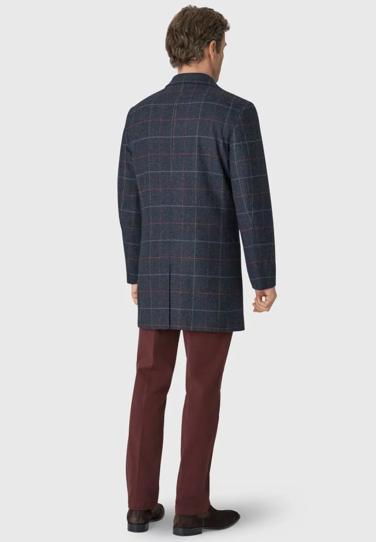 Haincliffe Blue Overcheck Tweed Wool Overcoat