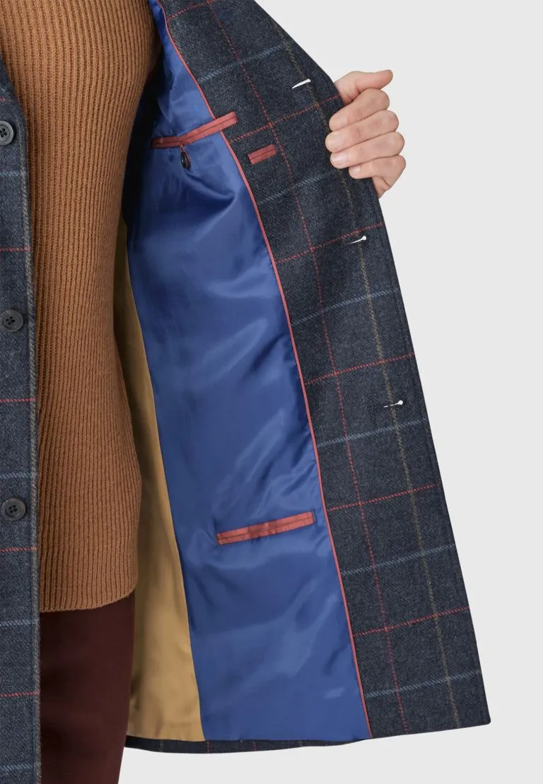 Haincliffe Blue Overcheck Tweed Wool Overcoat