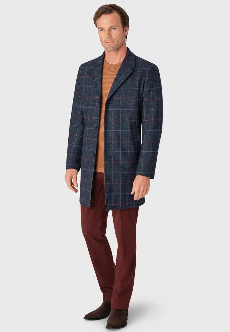 Haincliffe Blue Overcheck Tweed Wool Overcoat