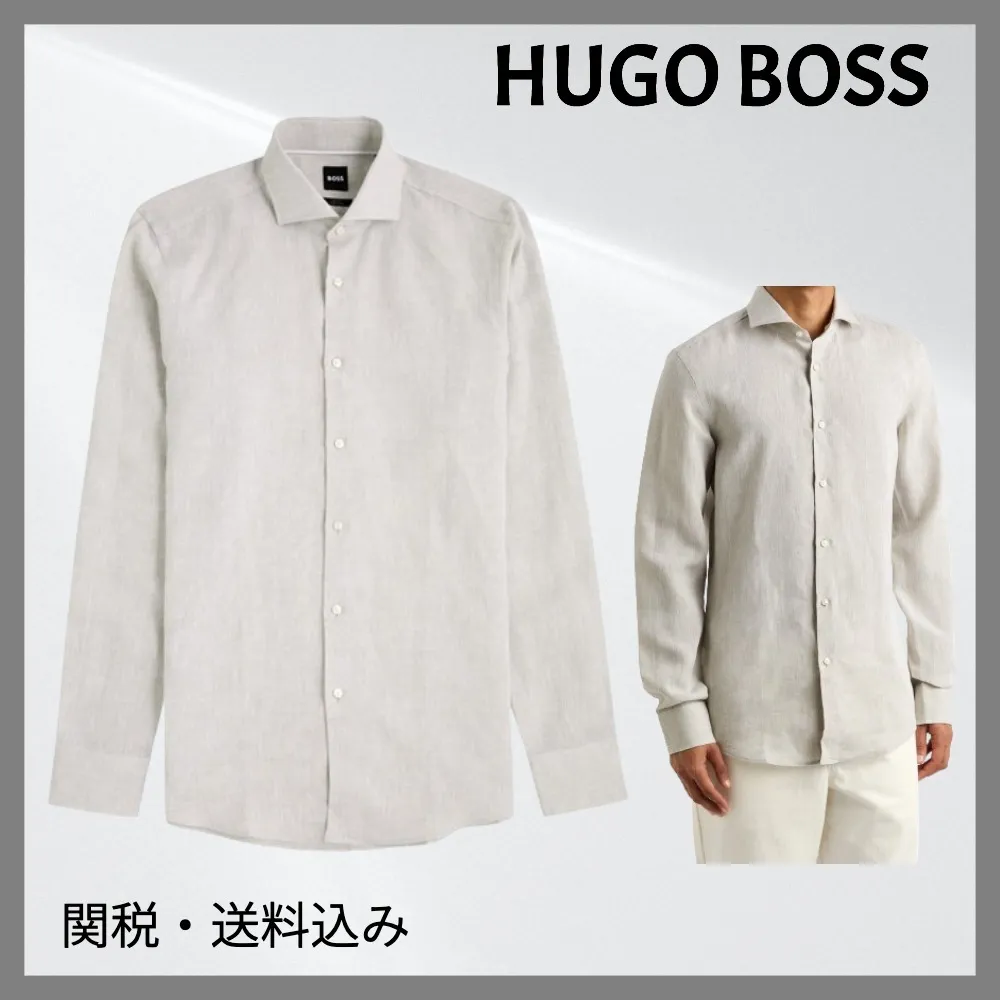 Hugo Boss  |Linen Long Sleeves Plain Shirts