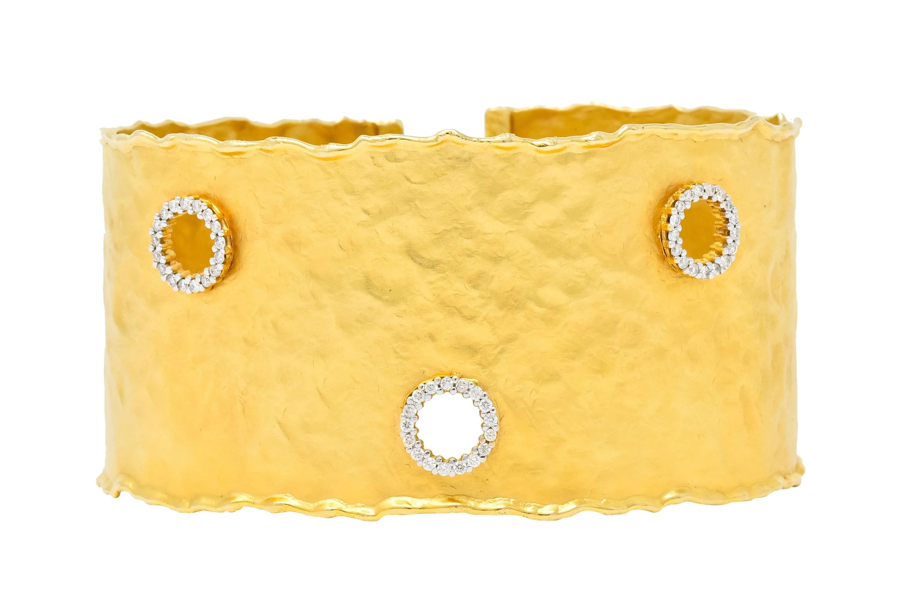 Isaac Reiss Round Brilliant Diamond 14 Karat Yellow Gold Hammered Cuff Bracelet