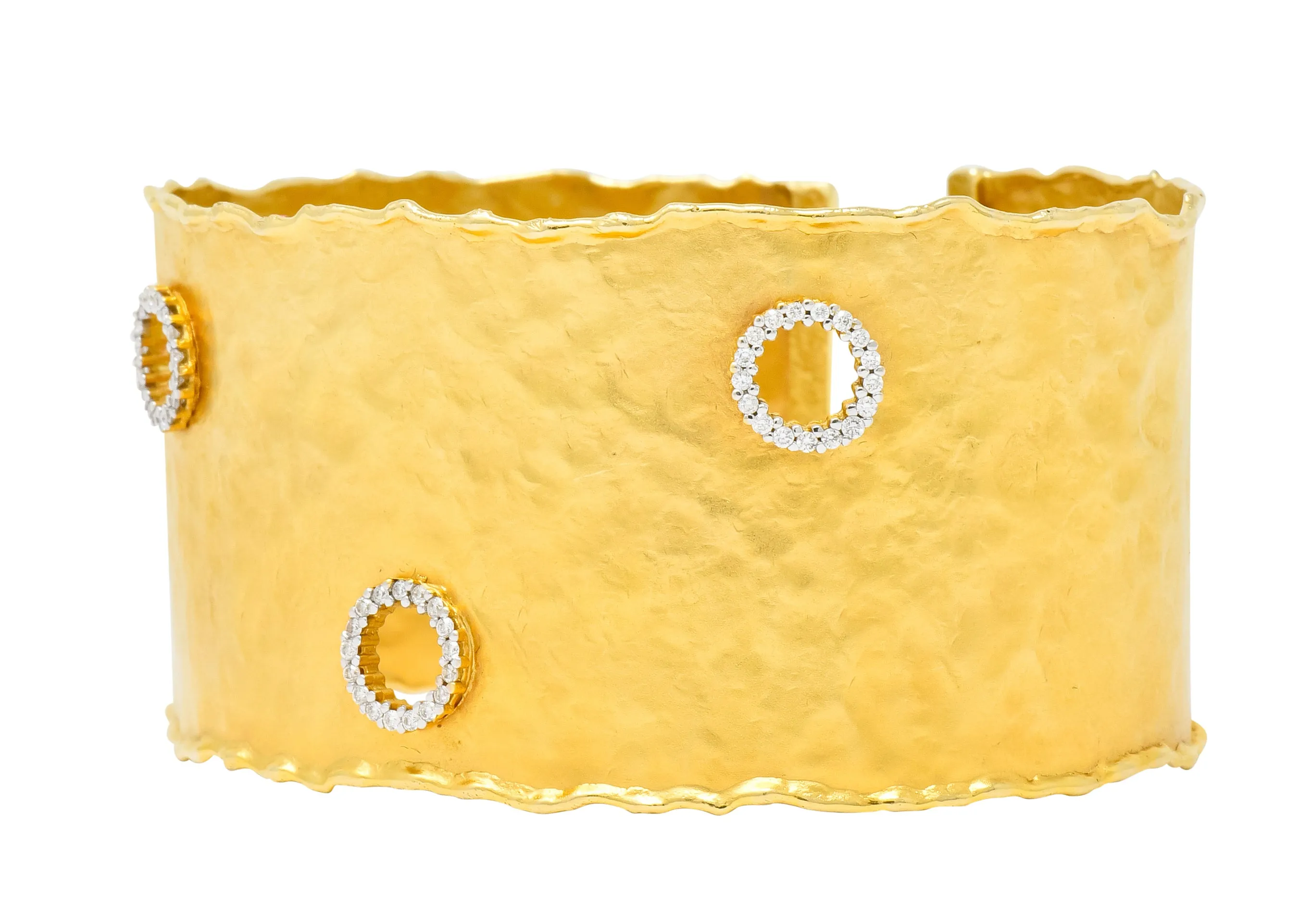 Isaac Reiss Round Brilliant Diamond 14 Karat Yellow Gold Hammered Cuff Bracelet