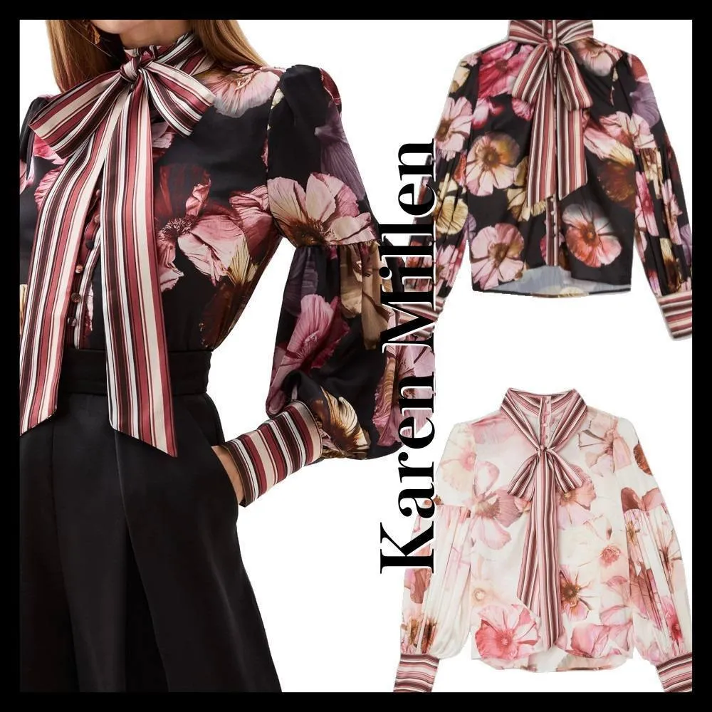 Karen Millen  |Stripes Flower Patterns Casual Style Long Sleeves